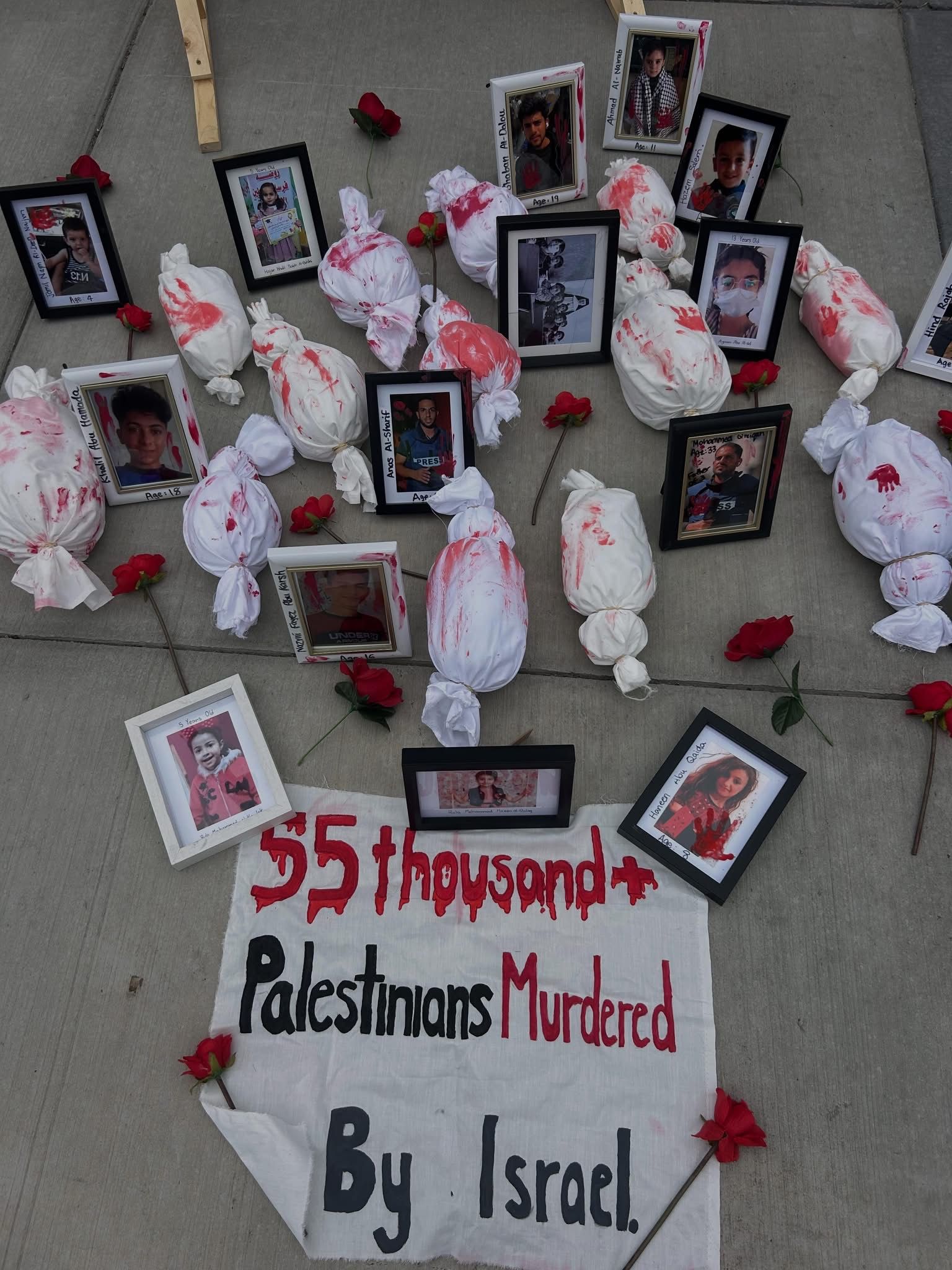 A memorial of shrouded framed photographs and roses beside a sign reading “55 thousand+ Palestinians murdered”